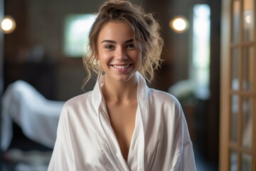 a hotel suite, as a young lady luxuriates in a soft bathrobe, emanating tranquility and relaxation amidst the lavish setting. - obrazy, fototapety, plakaty