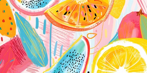 Abstract citrus fruits and berries colorful juicy pattern in cartoon groovy style with summer happy vibes