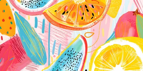 Foto op Plexiglas Abstract citrus fruits and berries colorful juicy pattern in cartoon groovy style with summer happy vibes © HellSong