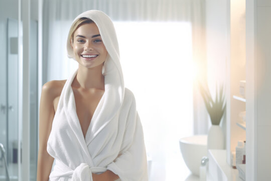 a hotel suite, as a young lady luxuriates in a soft bathrobe, emanating tranquility and relaxation amidst the lavish setting.