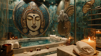 Artistic bathroom design with mosaic tile murals, sculptural elements, and creative flair.