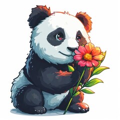 Cute kawaii panda smelling a flower, colorful cartoon icon - obrazy, fototapety, plakaty