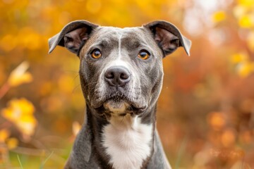 Charming Gray Pitbull Dog Portrait With Expressive Eyes Against Vibrant Autumn Leaves Background - Domestic Pets in Nature