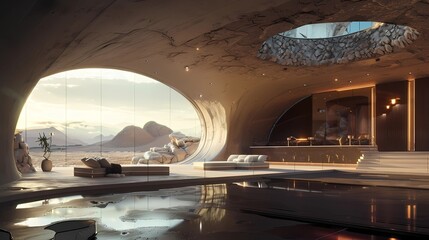 3d rendering of modern luxury hotel lobby interior with swimming pool and sea view, Generative AI illustrations.