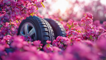 summer car tires on the street outside in the blooming spring sakura