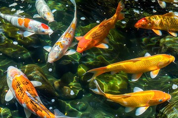 Colorful Koi Fish Swimming Gracefully in Clear Pond Water with Sunlight Reflecting, Vibrant Ornamental Japanese Carp Fishes