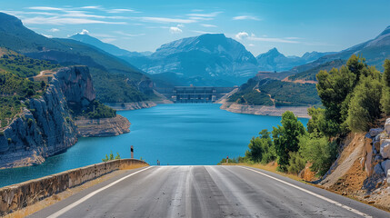 The open road takes us on a journey towards a modern dam, nestled in the embrace of majestic mountains and alongside a tranquil reservoir.