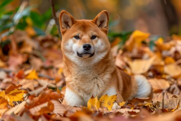 Cute Shiba Inu Dog Sitting Among Autumn Leaves in a Park, Vibrant Fall Colors and Pet Relaxation Scene
