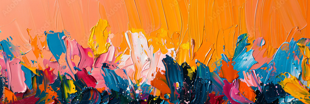 Poster vivid abstract acrylic paint strokes on canvas. dynamic texture and color flow for creative backgrou