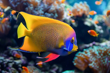 Vibrant Queen Angelfish Swimming Amongst Coral Reefs in a Tropical Marine Aquarium Setting
