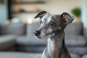 Portrait of a Grey Italian Greyhound Dog with Attentive Expression Indoors, Shallow Depth of Field