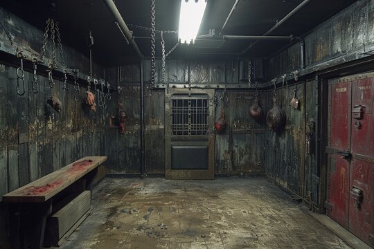 A gloomy and sinister butcher's room with hanging meat hooks and chains, and a bench with blood stains