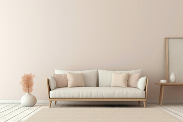 Envision the simplicity of a single beige and Scandinavian sofa set against a white blank empty frame for copy text, against a soft color wall background.