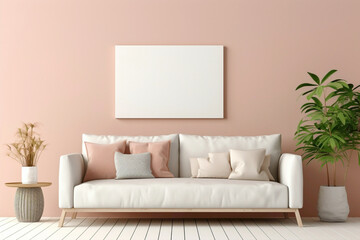 Envision the simplicity of a beige and Scandinavian sofa alongside a white blank empty frame for copy text, against a soft color wall background.