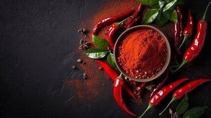 Raw chili peppers on dark background, Food photography