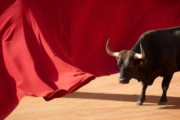Foto op Plexiglas a bull with horns running in a red cloth © Tatiana