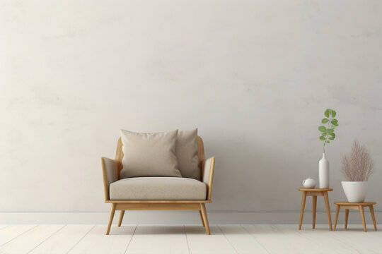 Envision the simplicity of a single beige and Scandinavian sofa set against a white blank empty frame for copy text, against a soft color wall background.