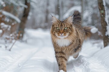 Majestic Tabby Cat Walking Confidently on Snow Covered Path in Tranquil Winter Forest Landscape