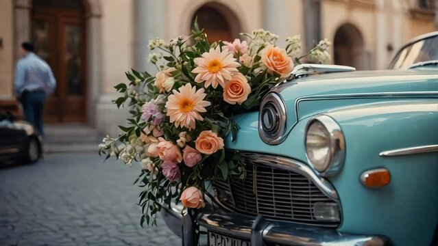 Beautiful retro car with flowers