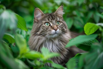 Majestic Long-Haired Tabby Cat Sitting in Lush Green Leaves, Focusing Intently with Hypnotic Eyes