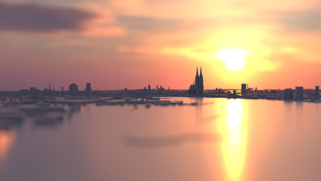 3D model of Cologne backlit by the setting sun. Warm atmosphere.