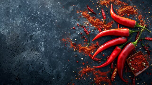 Raw chili peppers on dark background, Food photography