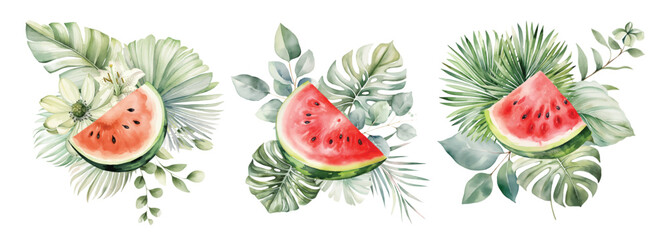 Watercolor tropical bouquet with watermelon, flowers and palm leaves illustration