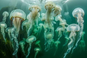 Underwater Dance of Jellyfish - A Serene Swarm of Marine Life Captured in their Natural Ocean Habitat