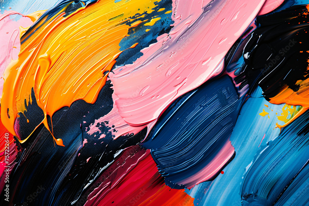 Poster vivid abstract acrylic paint strokes on canvas. dynamic texture and color flow for creative backgrou