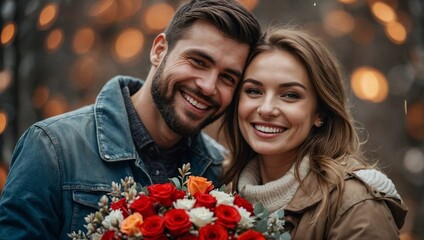 Happy couple smiling with a bouquet of flowers. Valentine's day  gift.