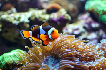 Close-up of a Vibrant Clownfish Swimming Near Colorful Sea Anemone in a Coral Reef Aquarium Setting