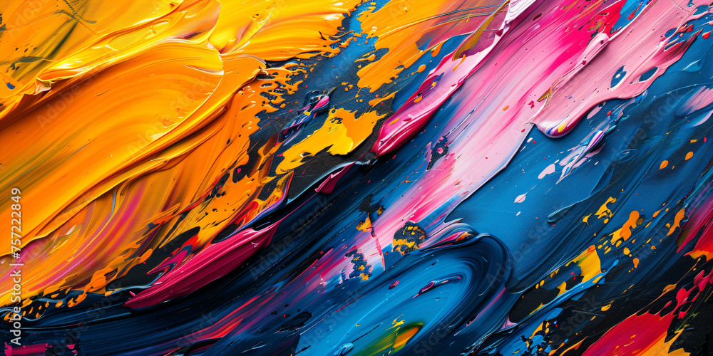 Poster vivid abstract acrylic paint strokes on canvas. dynamic texture and color flow for creative backgrou