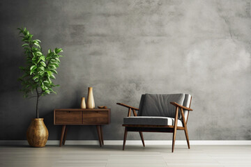 Envision a contemporary living space with wooden furniture against a textured concrete wall. A...