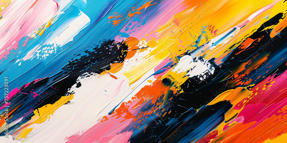 Poster vivid abstract acrylic paint strokes on canvas. dynamic texture and color flow for creative backgrou