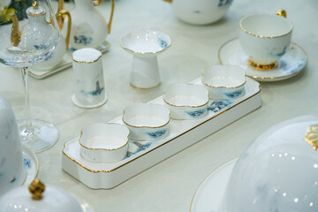 Beautiful and elegant Chinese porcelain tableware on high-end banquet table
