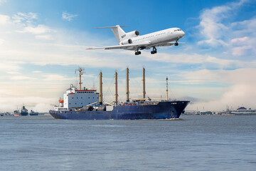 Cargo freight ships and passenger plane landing take off airport in transport for logistic day sky