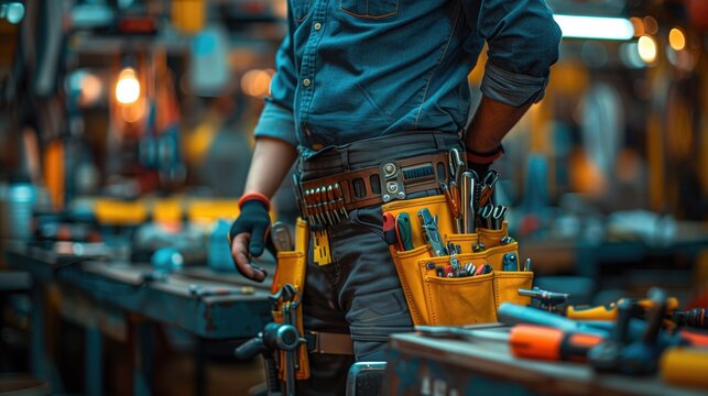 a maintenance technician carries a tool bag slung over their shoulder while wearing a utility belt loaded with wrenches, screwdrivers, light streaming through large windows 