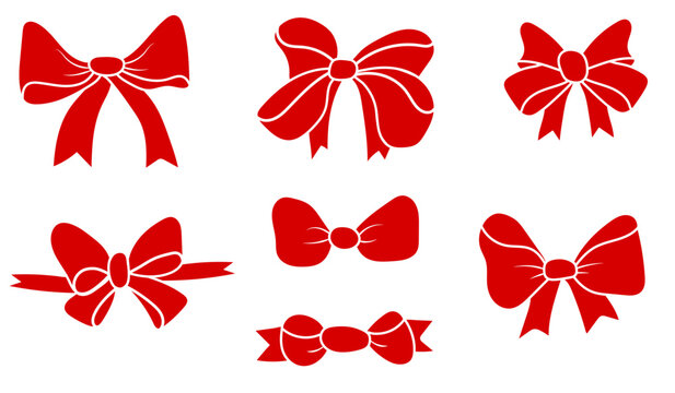 set of red festive ribbon bows with a white outline on a white background