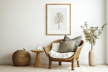 Embrace the boho vibes of a modern living area with a wicker chair, floor vases, and a blank mockup poster frame against a bright white wall.