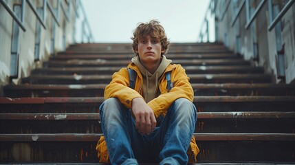 Depressed boy sitting alone at school stairs, Victim of school bullying, Stress and mental problems in childhood, teenager depression theme - obrazy, fototapety, plakaty