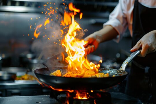 Close-up Professional chef hands cook food with fire in kitchen at restaurant.