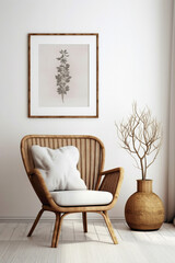 Embrace the bohemian elegance modern living space, wicker chair, floor vases, and a blank mockup poster frame against a crisp white wall.