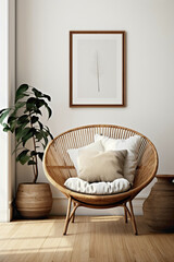 Embrace the bohemian elegance modern living space, wicker chair, floor vases, and a blank mockup poster frame against a crisp white wall.