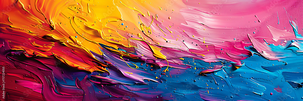 Poster vivid abstract acrylic paint strokes on canvas. dynamic texture and color flow for creative backgrou