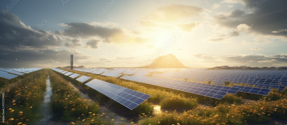 Poster a row of solar panels in a field under a sky with the sun shining through the clouds, creating a bea