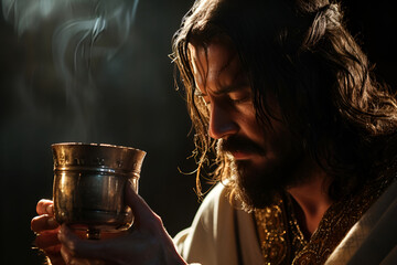 Jesus Christ holds the cup, presenting the sacrament of the Eucharist, act of holy communion
