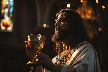 Jesus Christ holds the sacred cup, offering the sacrament of the holy communion - obrazy, fototapety, plakaty