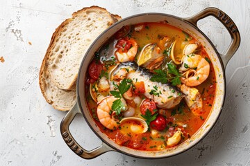 Gourmet Bouillabaisse Soup with Fresh Seafood and Roasted Bread