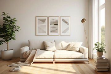 Elegant white frame integrates with beige and Scandinavian tones, offering a glimpse of a modern living space's simplicity - plain walls, wooden floor, and a potted plant.