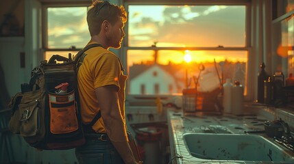 In the fading light of the setting sun. A plumber man stands next to a sink with a tool bag slung over their shoulder, showcasing their ability to handle various plumbing repairs